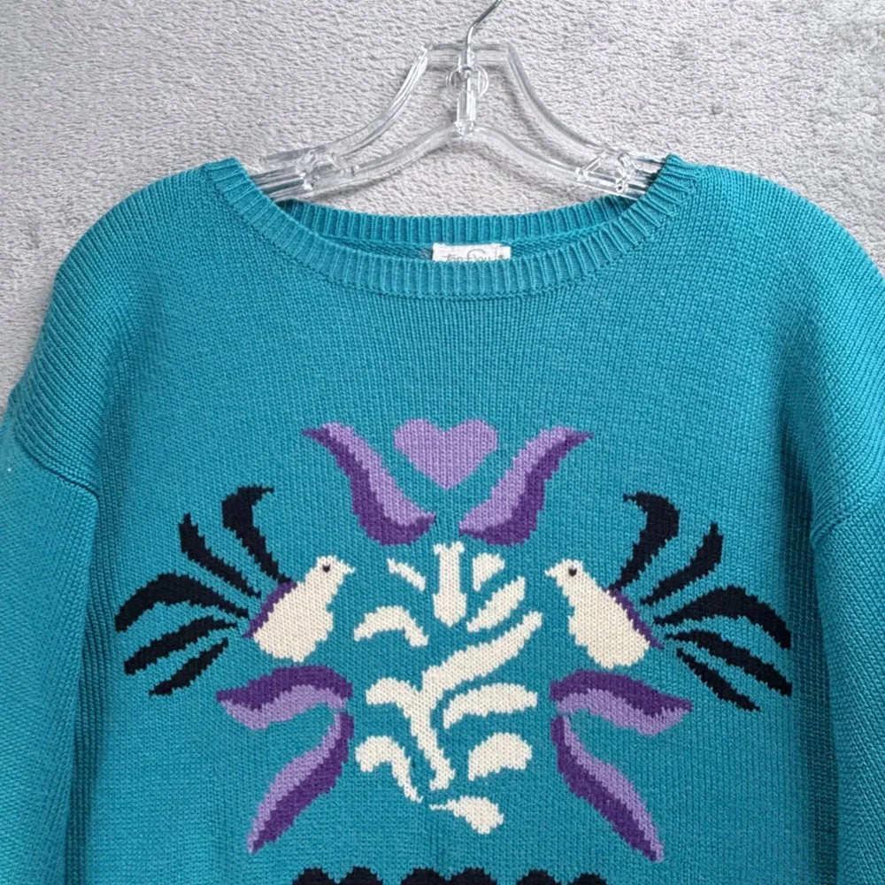 Tan Jay Lovebird Heart Novelty Knit Sweater Birds‎ Hearts Blue Womens Small